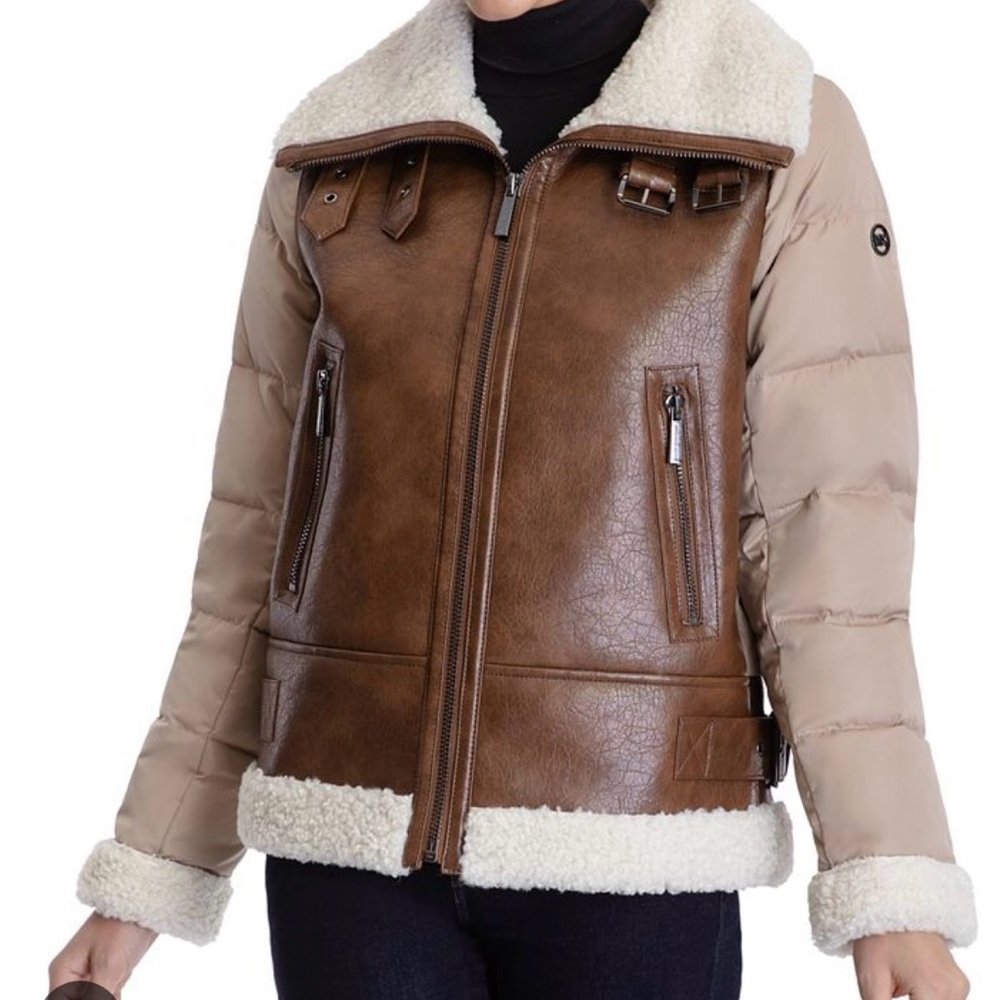 Women's Faux-Shearling Down Puffer Coat / bomber style faux leather
